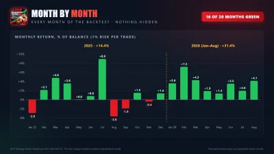 Month by month — every month of the backtest, losing months included