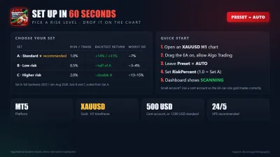 Set up in 60 seconds — pick a risk level, Preset = AUTO